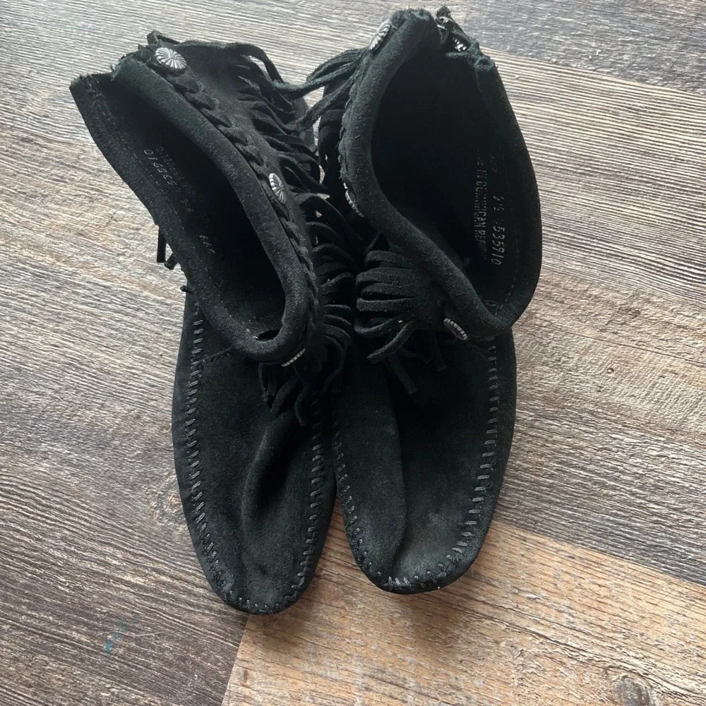 Moccasin Ankle Boots Black Suede‎ Fringe Detail Western Style